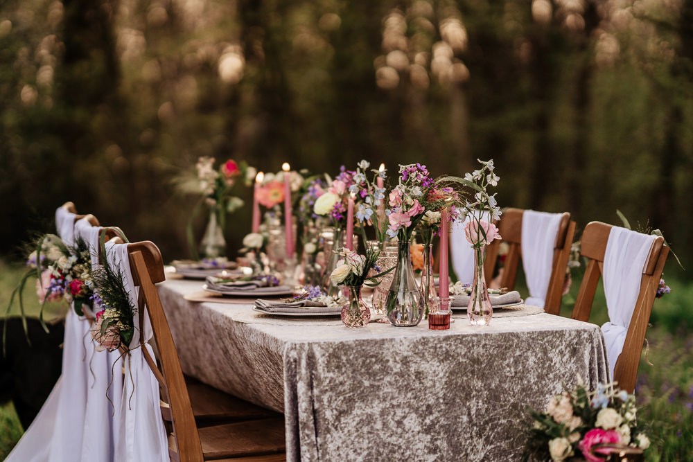 Table Decor Candles Flowers Pink Bluebell Wood Wedding Ideal Imaging
