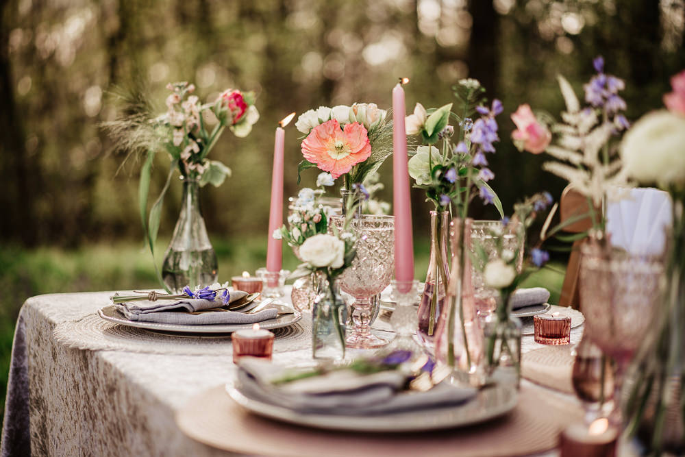 Table Decor Candles Flowers Pink Bluebell Wood Wedding Ideal Imaging