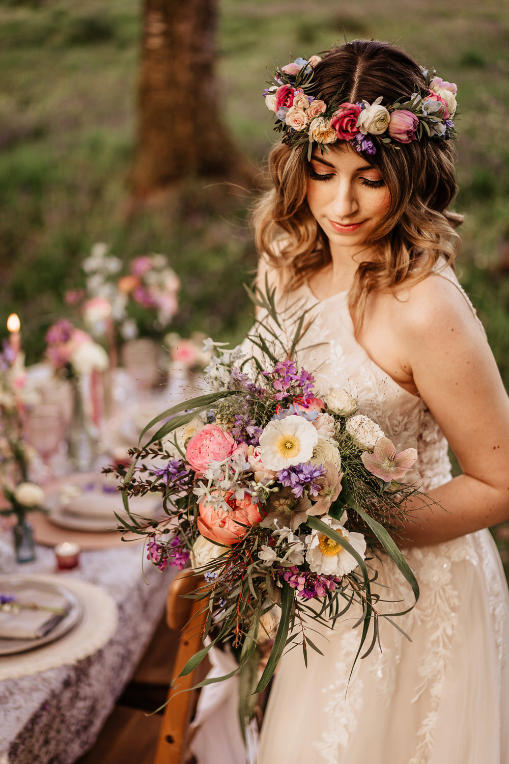 Bride Bridal Bouquet Flowers Peony Flower Crown Bluebell Wood Wedding Ideal Imaging