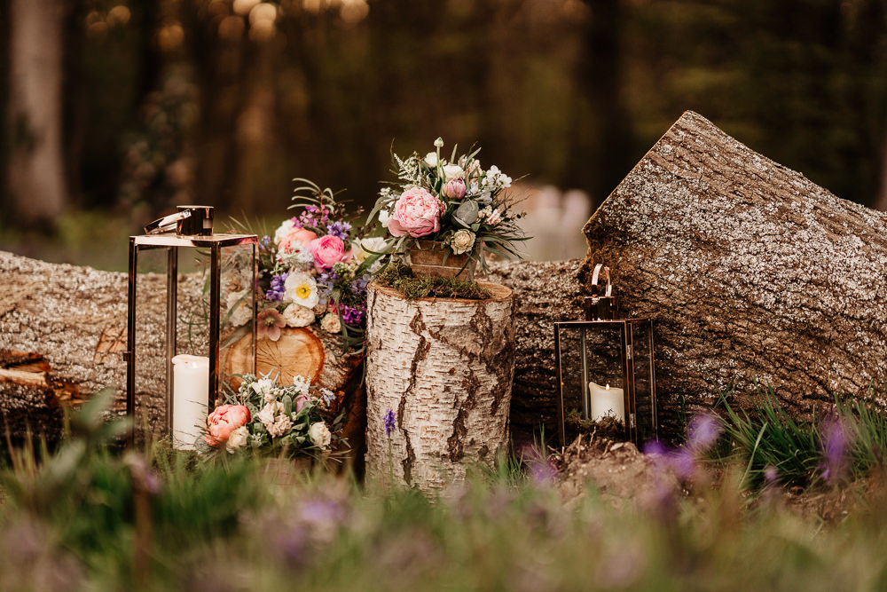 Log Stump Flowers Candles Decor Bluebell Wood Wedding Ideal Imaging