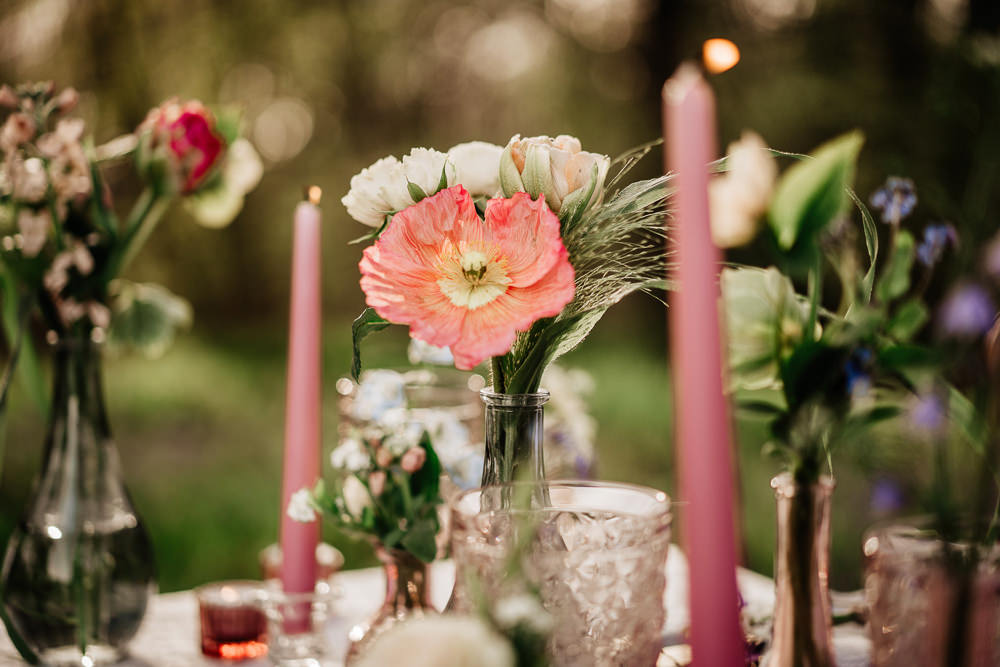 Table Decor Candles Flowers Pink Bluebell Wood Wedding Ideal Imaging