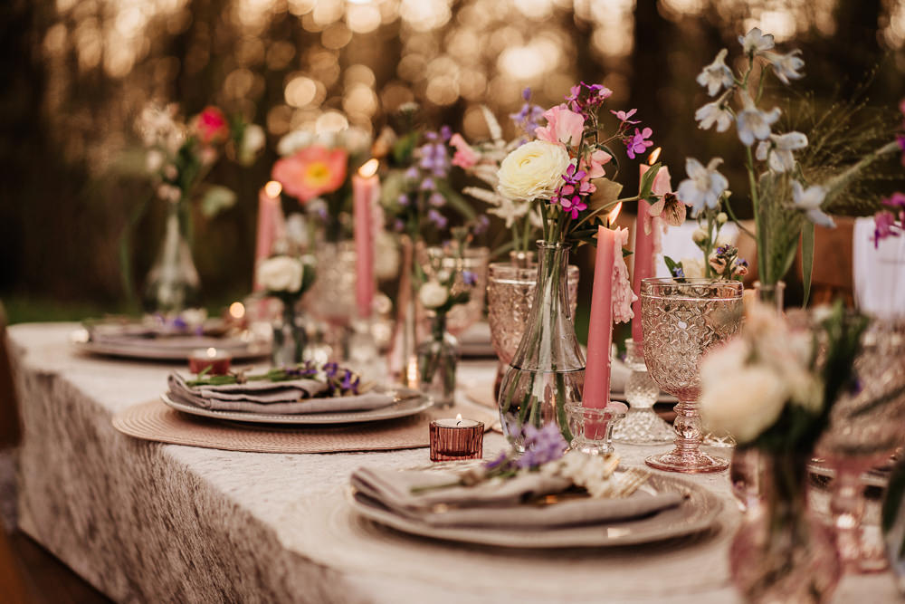 Table Decor Candles Flowers Pink Bluebell Wood Wedding Ideal Imaging