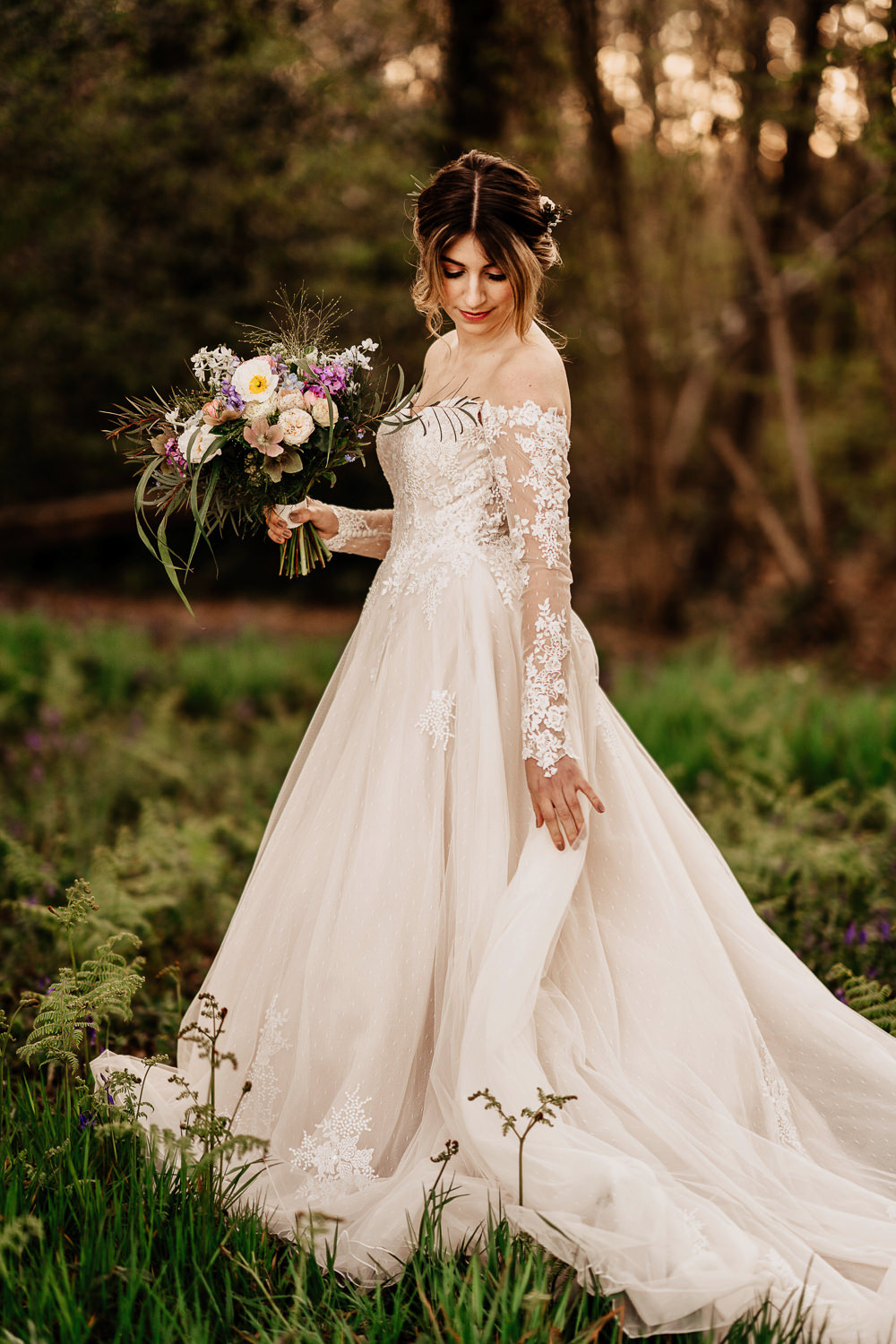 Dress Gown Bride Bridal Train Tulle Lace Long Sleeves Bluebell Wood Wedding Ideal Imaging