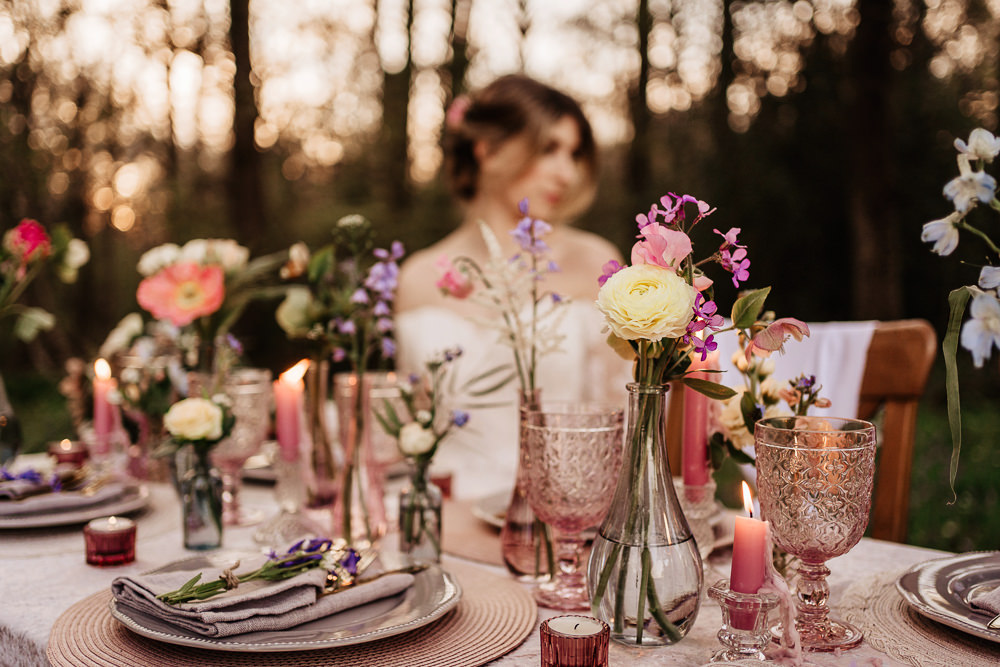 Table Decor Candles Flowers Pink Bluebell Wood Wedding Ideal Imaging