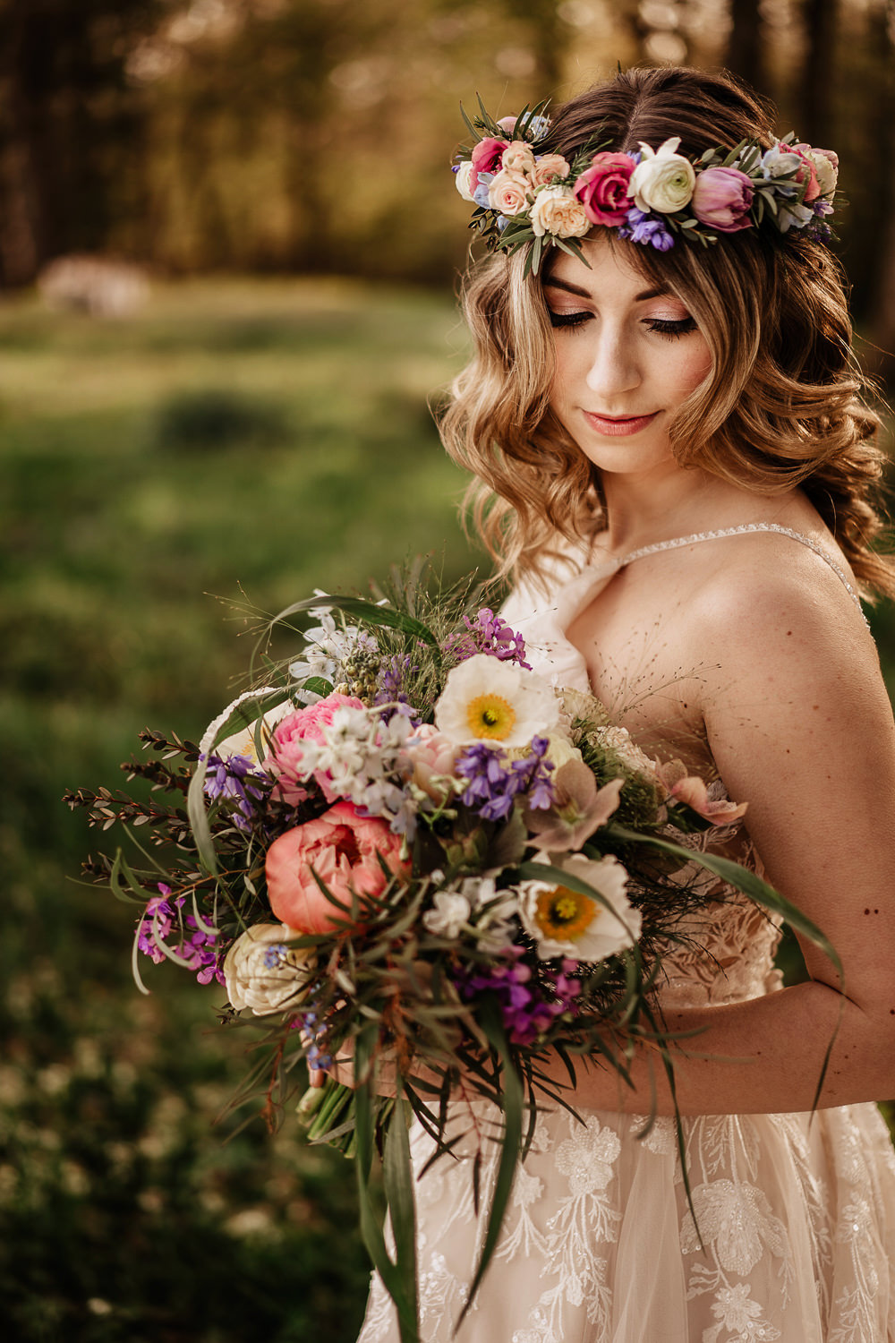 Bride Bridal Bouquet Flowers Peony Flower Crown Bluebell Wood Wedding Ideal Imaging
