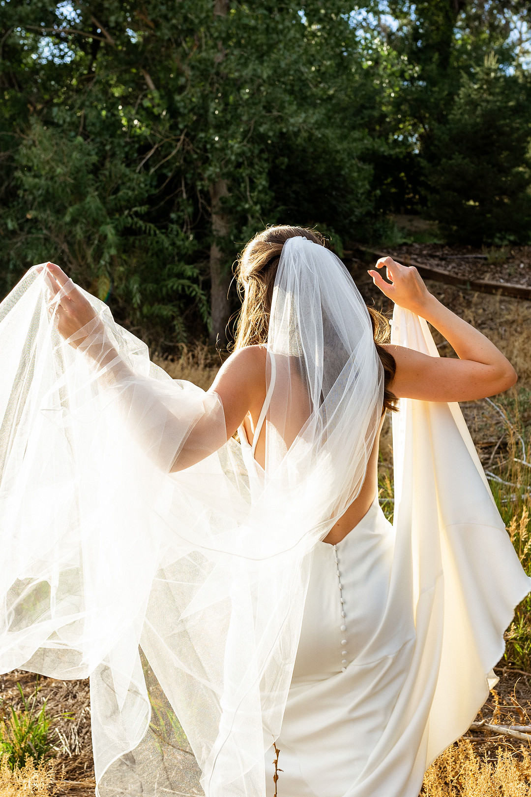 Dress Gown Bride Bridal Straps Veil Fitted Boulder Elopement Josie V Photography