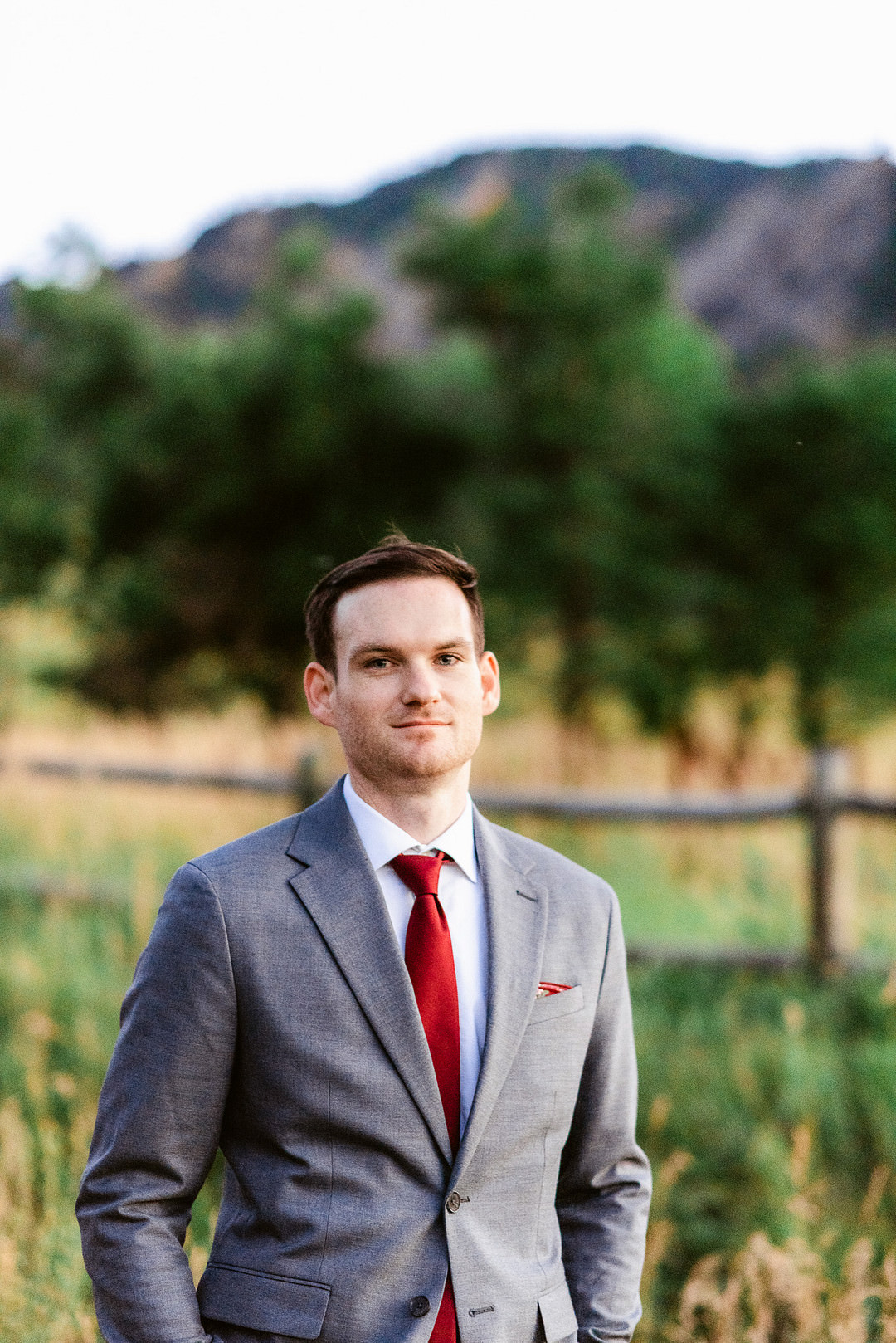 Groom Grey Suit Red Tie Boulder Elopement Josie V Photography