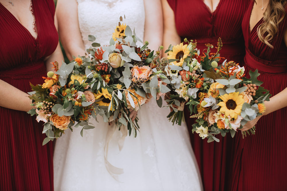 Red Bridesmaids Bridesman Dress Dresses Bridesmaid Sunflower Bouquets Chateau Rhianfa Wedding Fox&BearPhotography