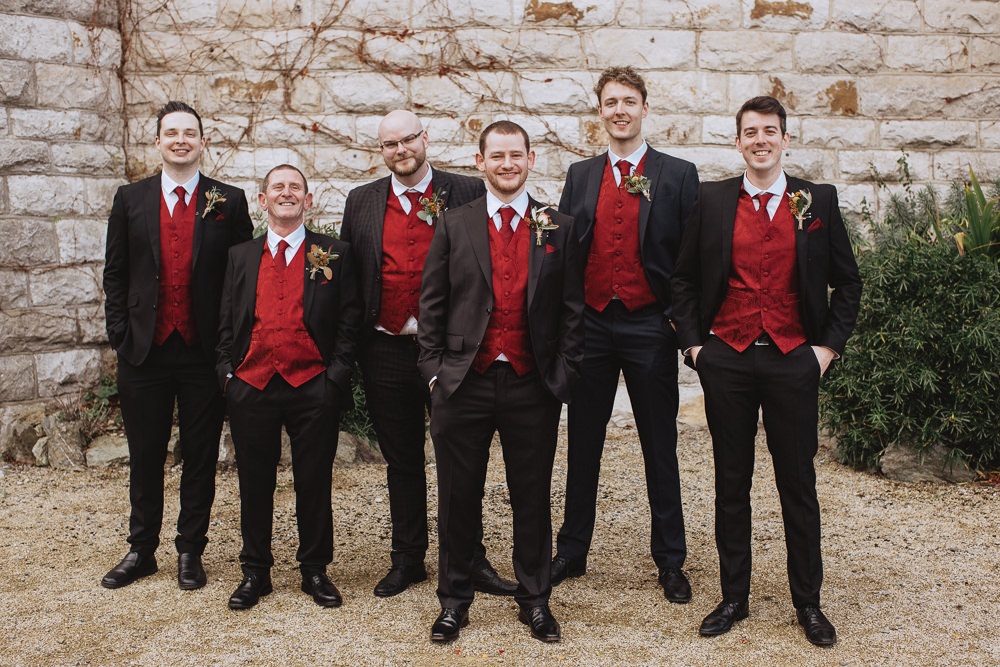 Groom Groomsmen Red Waistcoats Suits Chateau Rhianfa Wedding Fox&BearPhotography