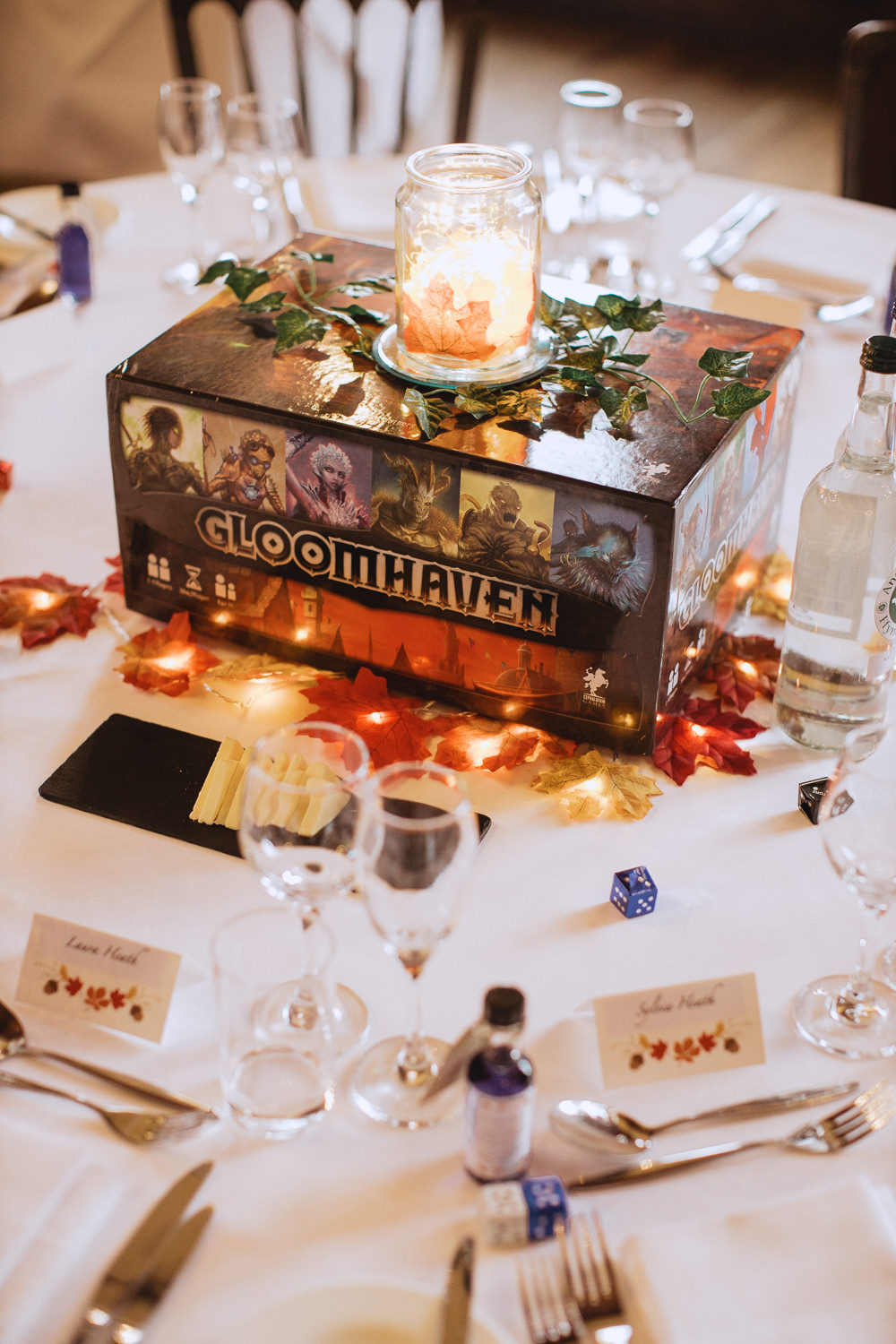 Centrepiece Decor Board Games Candles Lights Chateau Rhianfa Wedding Fox&BearPhotography