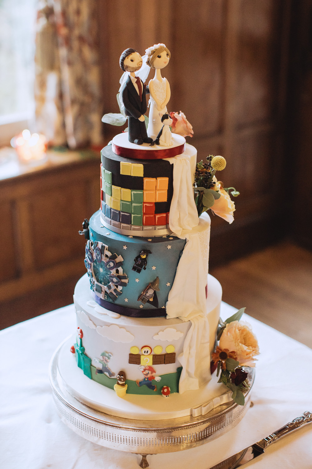 Cake Tetris Lego Mario Toppers Bride Groom Chateau Rhianfa Wedding Fox&BearPhotography