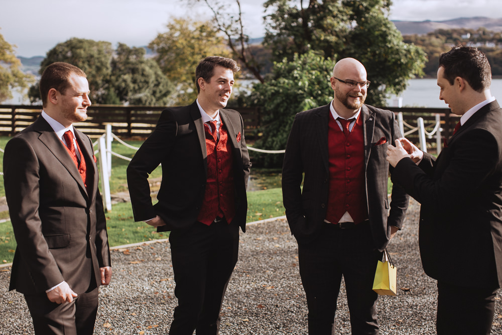 Groom Groomsmen Red Waistcoats Suits Chateau Rhianfa Wedding Fox&BearPhotography