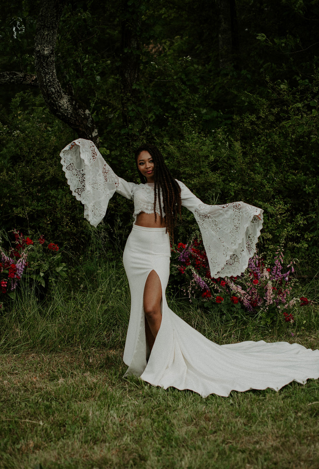 Dress Gown Bride Bridal Boho Lace Sleeves Colourful Farm Wedding McKenna Rhyne Photography