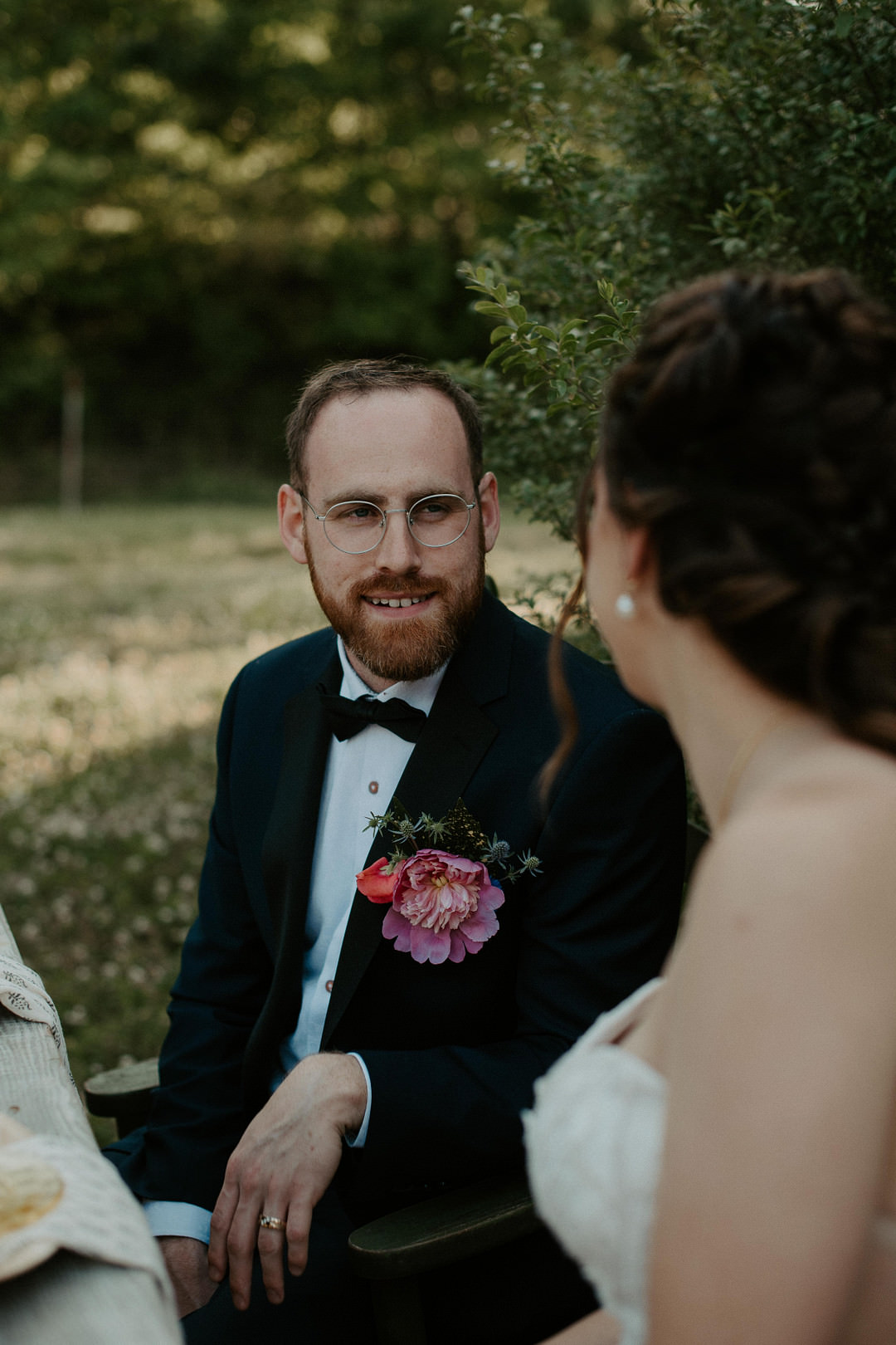 Groom Suit Tuxedo Bow Tie Glasses Colourful Farm Wedding McKenna Rhyne Photography