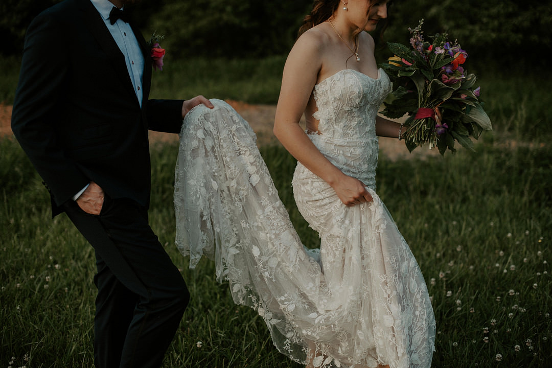 Dress Gown Bride Bridal Strapless Lace Colourful Farm Wedding McKenna Rhyne Photography