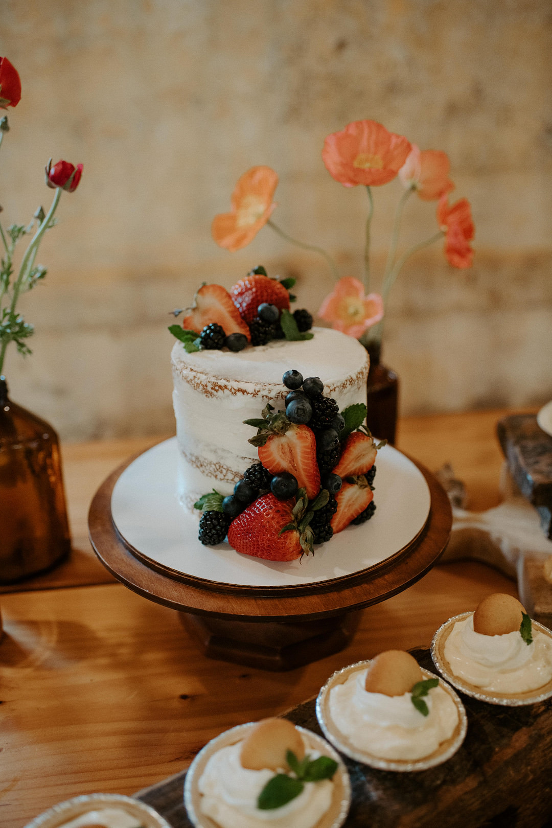 Semi Naked Cake Poppies Berries Colourful Farm Wedding McKenna Rhyne Photography