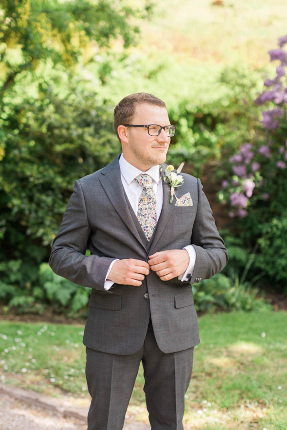 Groom Suit Grey Floral Tie Combe House Hotel Wedding James and Kerrie Photography