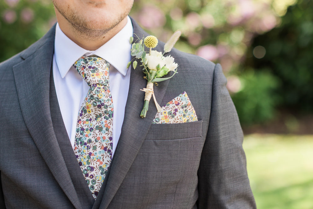 Groom Suit Grey Floral Tie Buttonhole Combe House Hotel Wedding James and Kerrie Photography