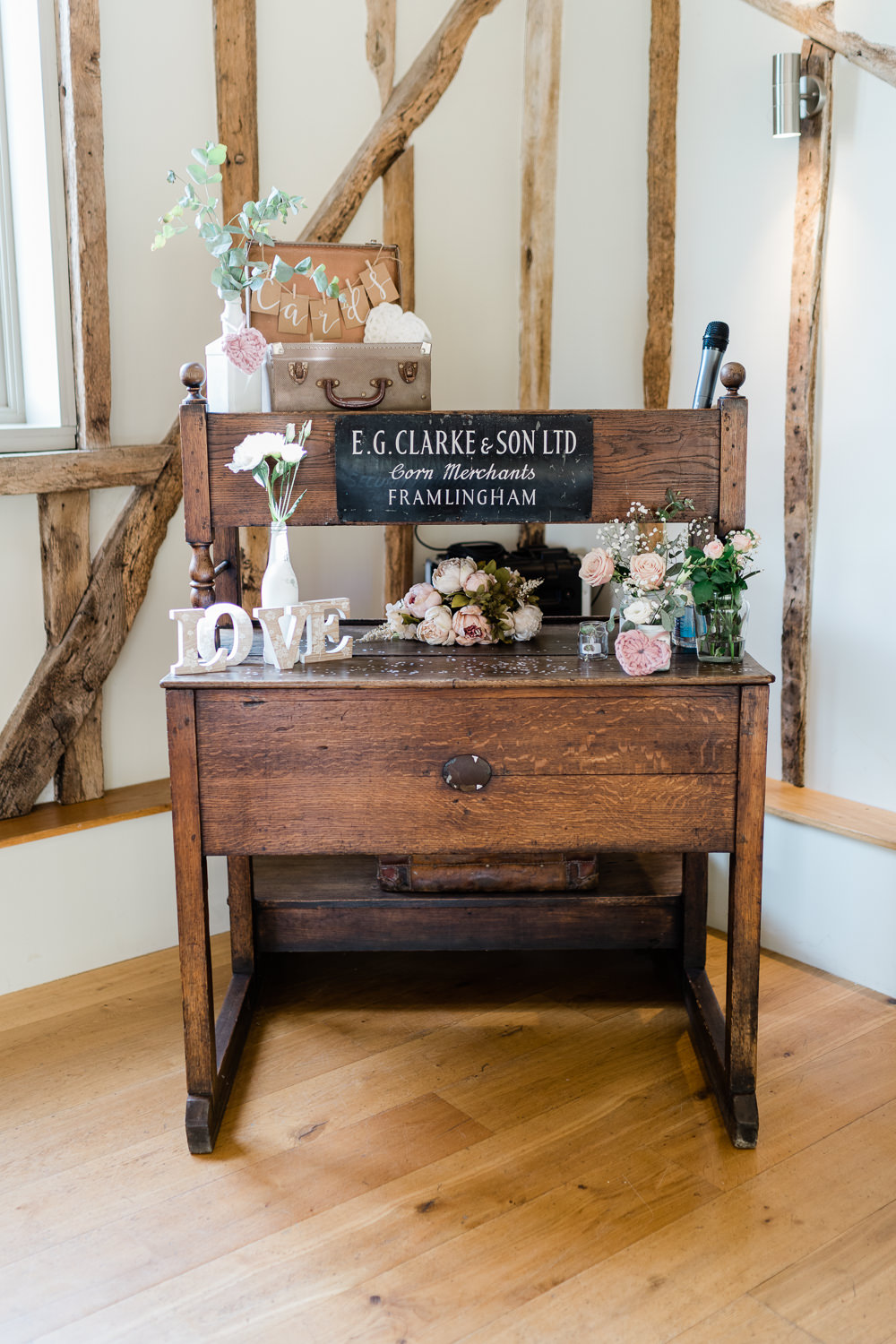 Desk Decor Furniture Flowers Suitcase Cream Blush Wedding Gemma Giorgio Photography