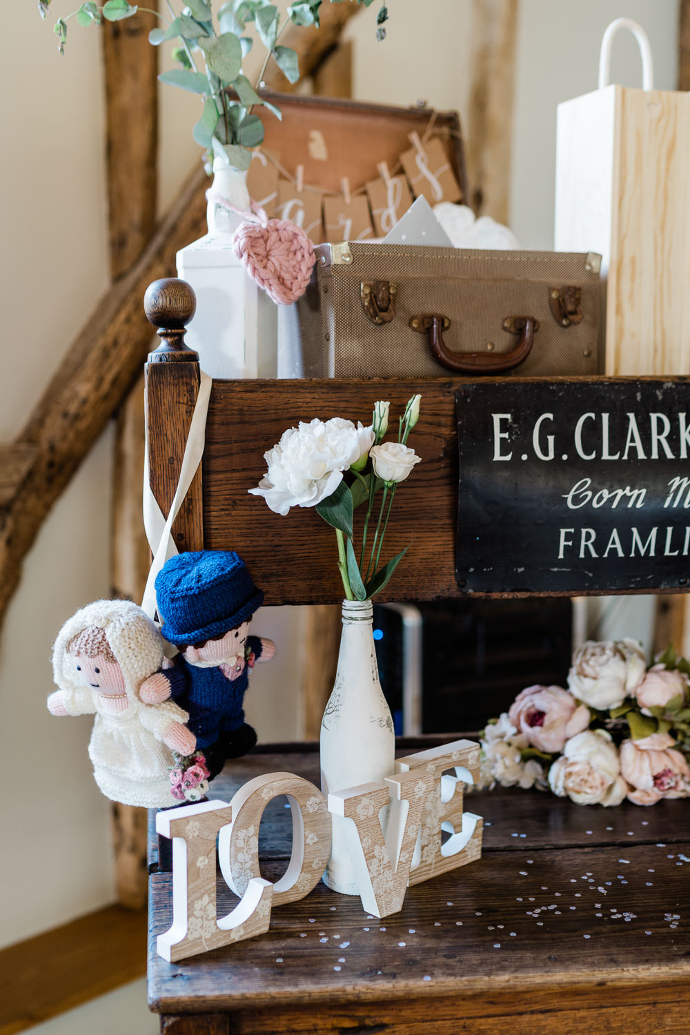 Desk Decor Furniture Flowers Suitcase Cream Blush Wedding Gemma Giorgio Photography