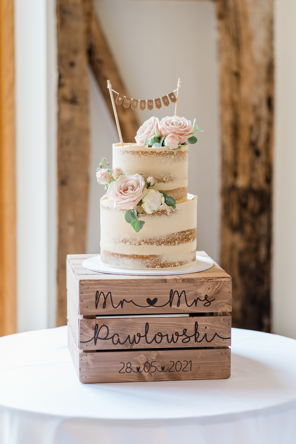 Semi Naked Cake Bunting Topper Flowers Wooden Crate Cream Blush Wedding Gemma Giorgio Photography