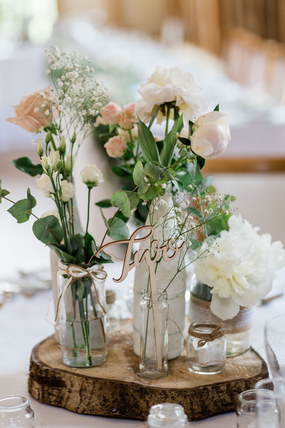 Centrepiece Table Decor Log Slice Blush Flowers Bottles Cream Blush Wedding Gemma Giorgio Photography