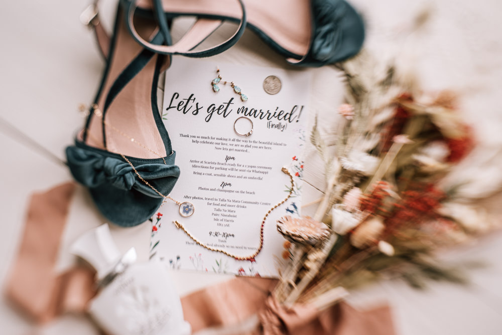 Bride Shoes Bouquet Flowers Dried Flowers Invite Isle of Harris Wedding Pink Elephant Photography