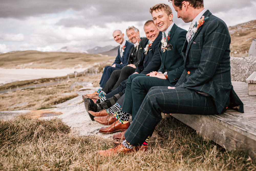 Groom Suit Green Blue Floral Tie Groomsmen Isle of Harris Wedding Pink Elephant Photography
