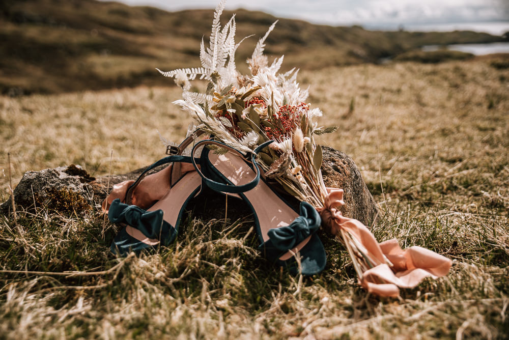Bride Shoes Bouquet Flowers Dried Flowers Isle of Harris Wedding Pink Elephant Photography