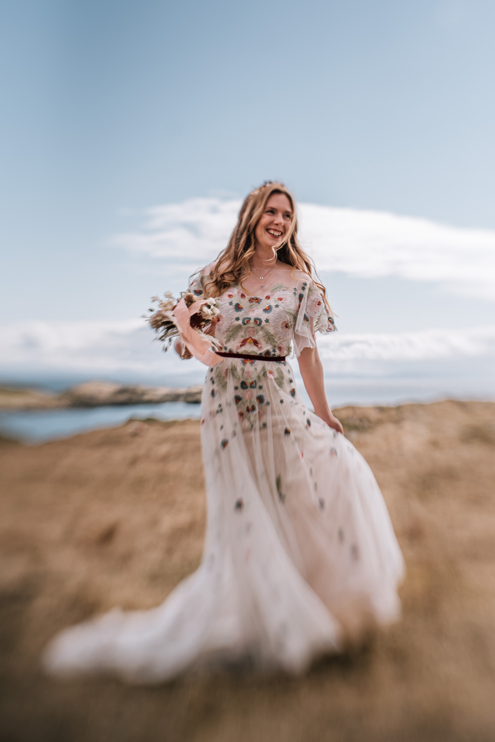 Dress Gown Bride Bridal Flower Floral Embroidery Colourful Isle of Harris Wedding Pink Elephant Photography