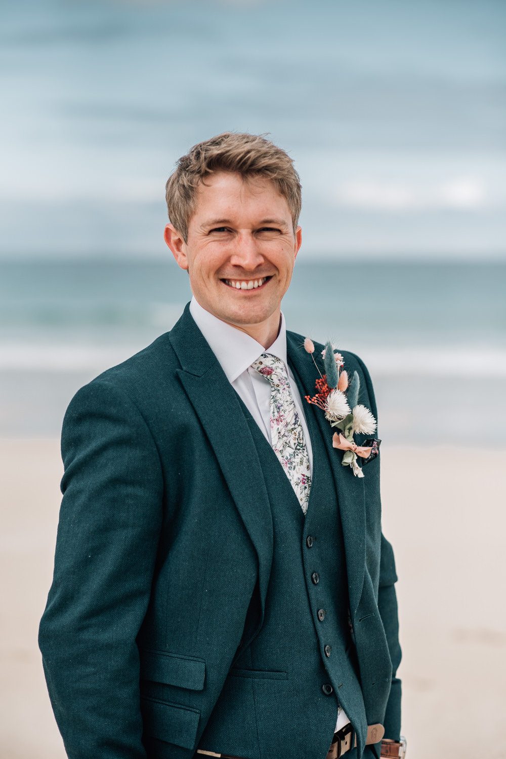 Groom Suit Green Floral Tie Isle of Harris Wedding Pink Elephant Photography