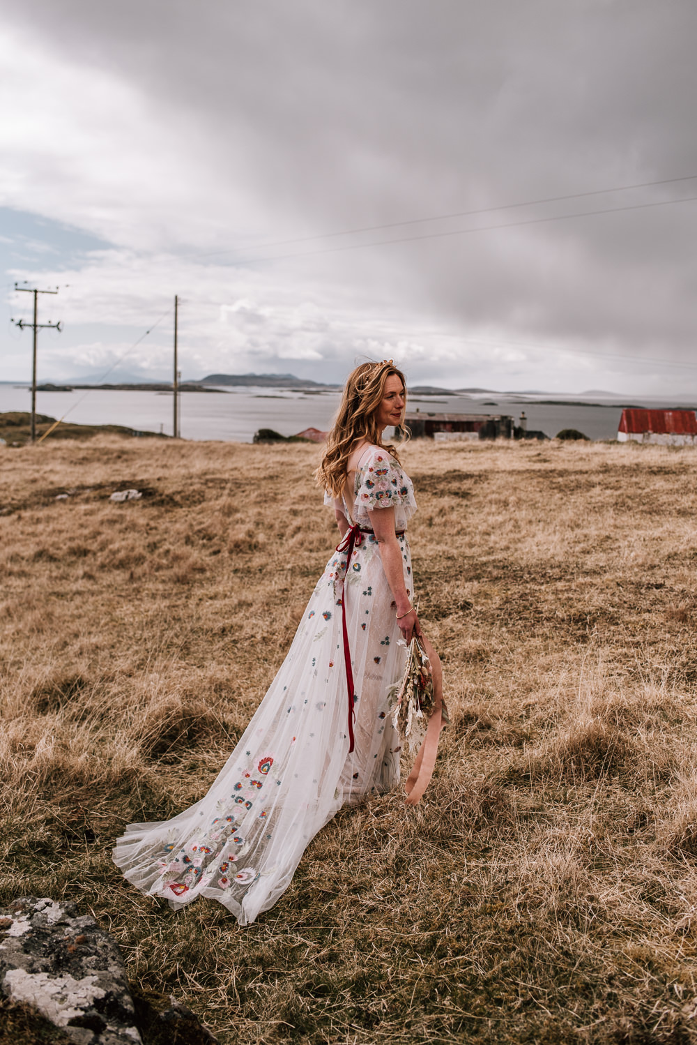 Dress Gown Bride Bridal Flower Floral Embroidery Colourful Isle of Harris Wedding Pink Elephant Photography