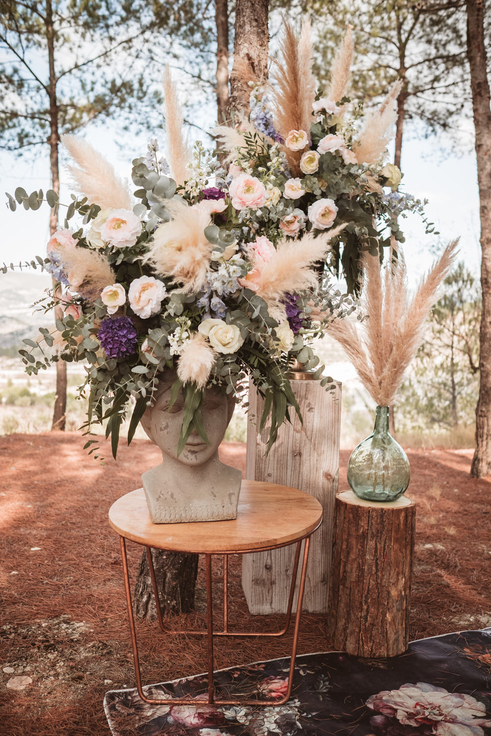 Flower Arrangement Decor Pampas Grass Log Stump Lilac Wedding Ideas Carlos Lucca