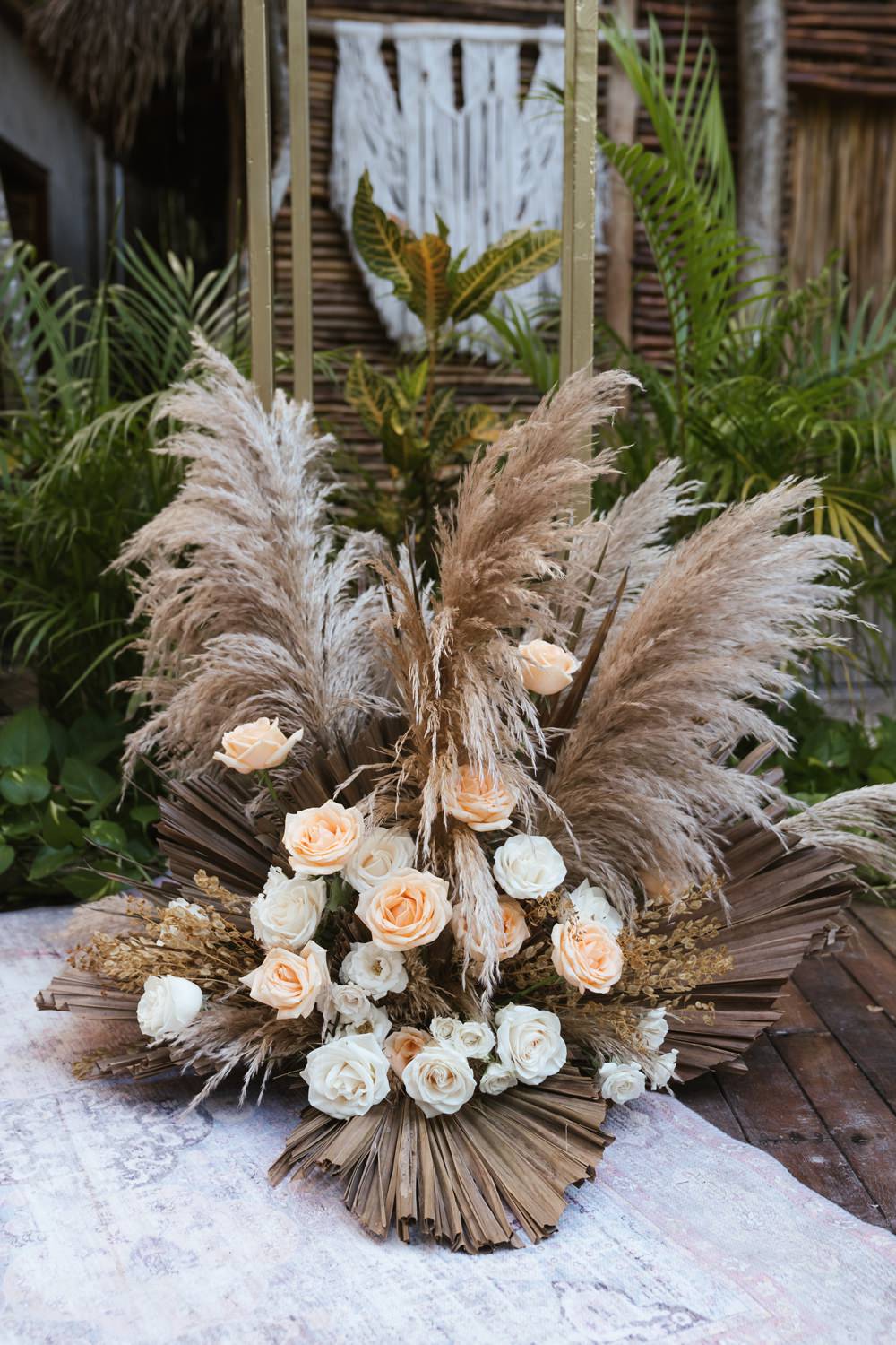 Mexico Jungle Wedding Viva Photography Weddings Flower Arrangement Pampas Grass Roses