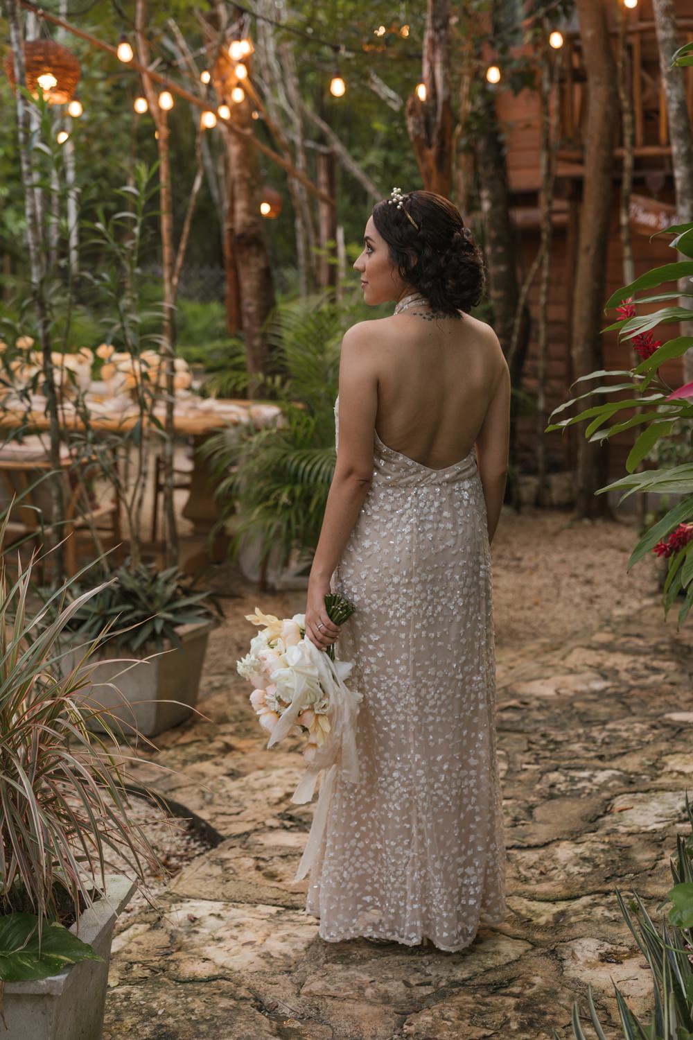 Dress Gown Bride Bridal Sequin Halterneck Mexico Jungle Wedding Viva Photography Weddings