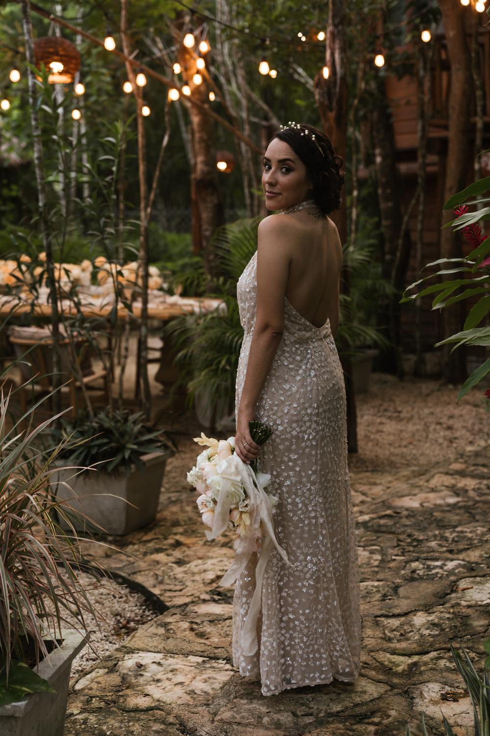 Dress Gown Bride Bridal Sequin Halterneck Mexico Jungle Wedding Viva Photography Weddings