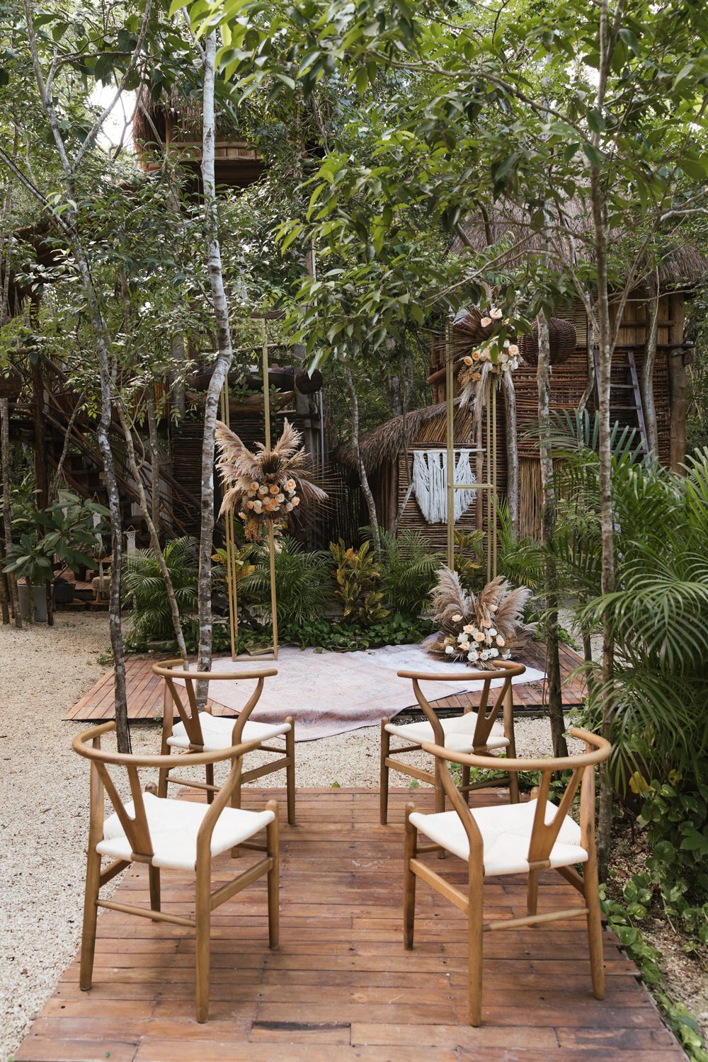 Flower Arrangement Pampas Grass Roses Backdrop Ceremony Mexico Jungle Wedding Viva Photography Weddings