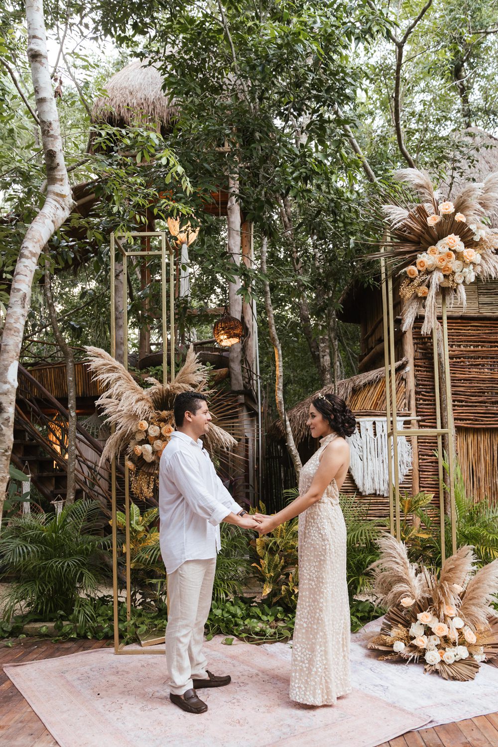 Mexico Jungle Wedding Viva Photography Weddings Flower Arrangement Pampas Grass Roses Backdrop Ceremony
