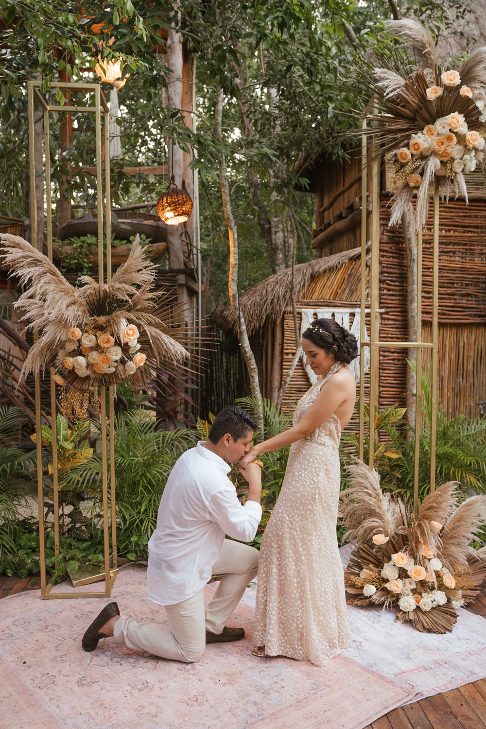 Mexico Jungle Wedding Viva Photography Weddings Flower Arrangement Pampas Grass Roses Backdrop Ceremony