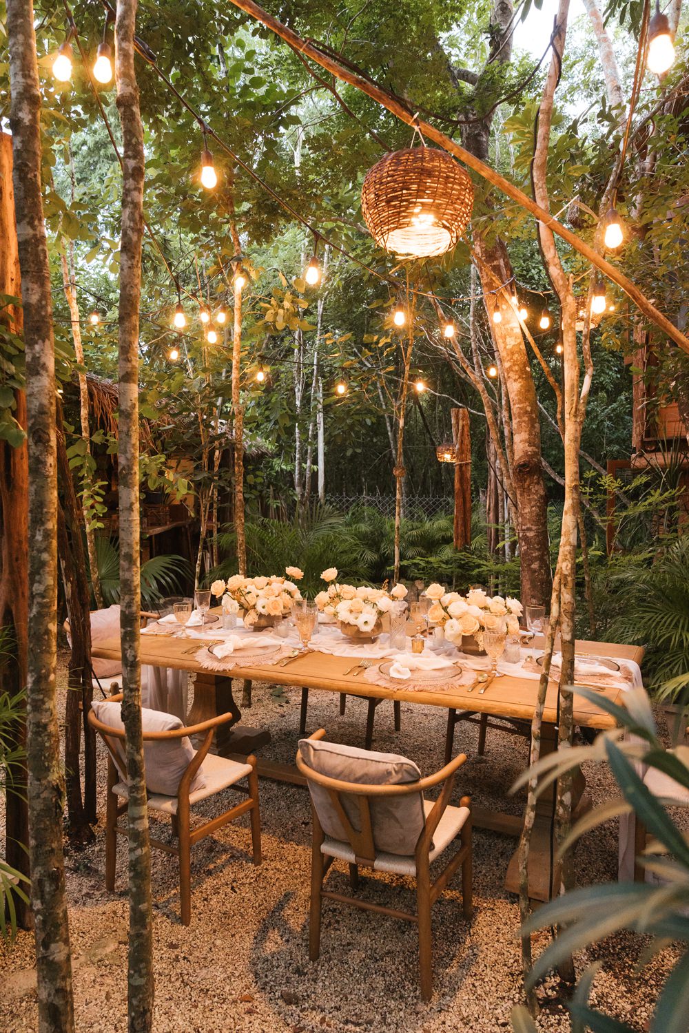 Table Decor Place Setting Coral Peach Rose Festoon Lights Mexico Jungle Wedding Viva Photography Weddings