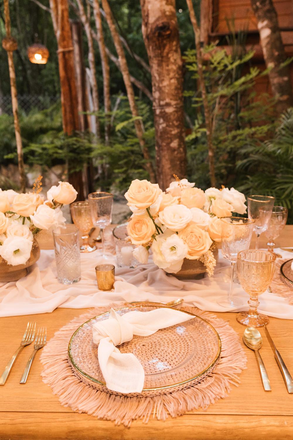 Table Decor Place Setting Coral Peach Rose Festoon Lights Mexico Jungle Wedding Viva Photography Weddings