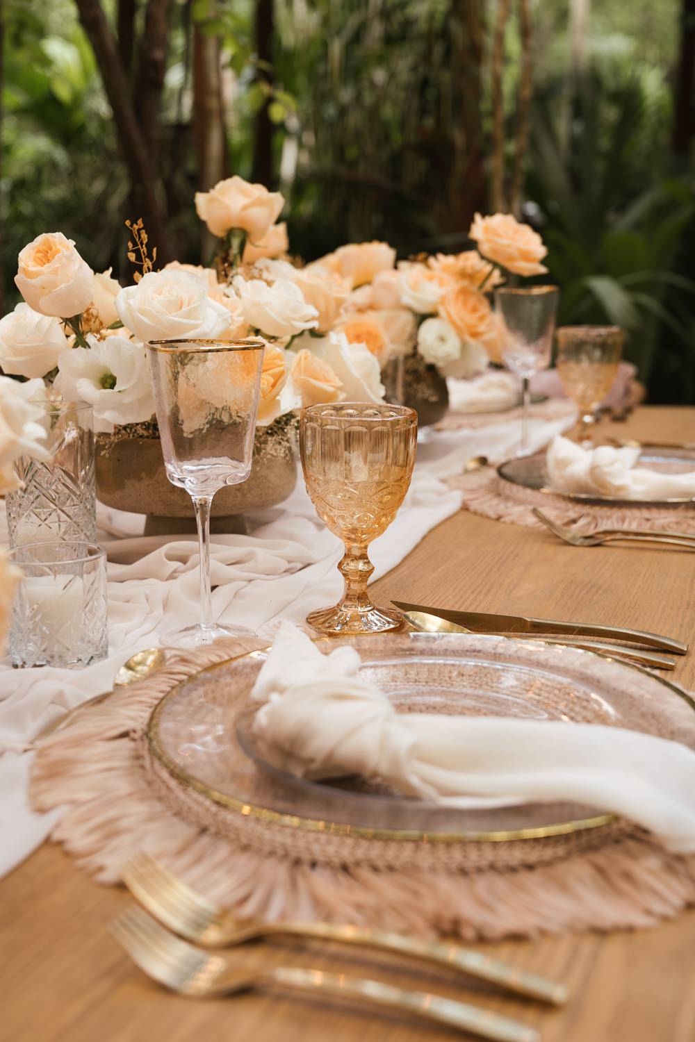 Table Decor Place Setting Coral Peach Rose Festoon Lights Mexico Jungle Wedding Viva Photography Weddings