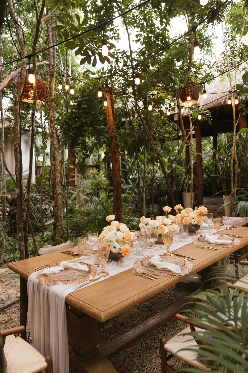 Table Decor Place Setting Coral Peach Rose Festoon Lights Mexico Jungle Wedding Viva Photography Weddings