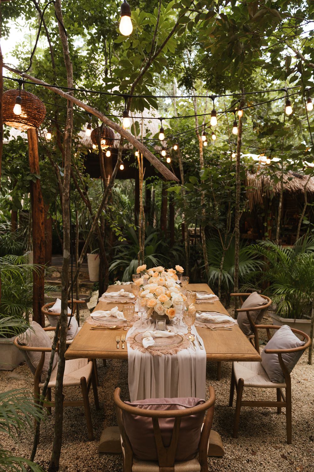 Table Decor Place Setting Coral Peach Rose Festoon Lights Mexico Jungle Wedding Viva Photography Weddings