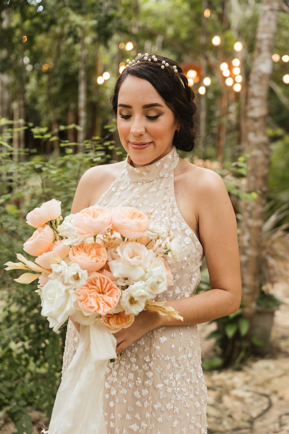 Peach Rose Bouquet Bride Bridal Ribbon Mexico Jungle Wedding Viva Photography Weddings