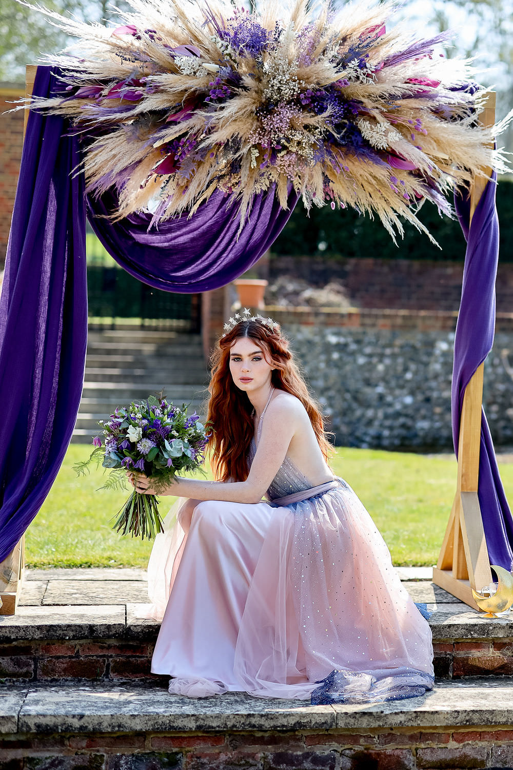 Purple Fabric Backdrop Pampas Grass Moon Wedding Ideas Photography By Petrina