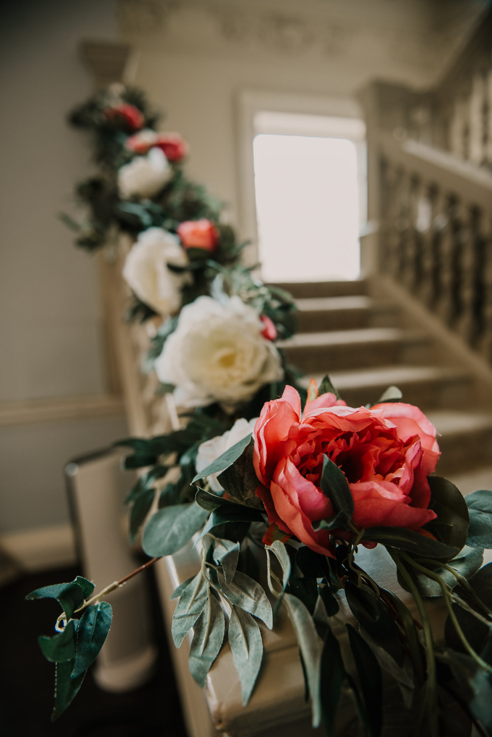 Staircase Flowers Morden Hall Wedding Mark OBrien