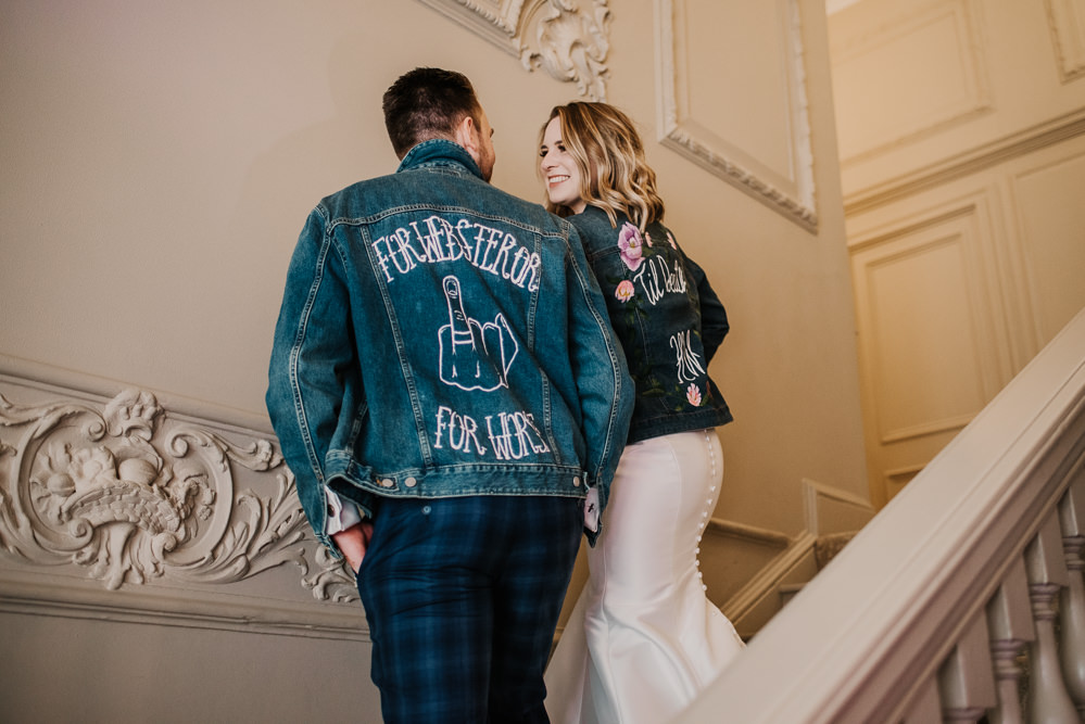 Denim Jackets Groom Bride Morden Hall Wedding Mark OBrien
