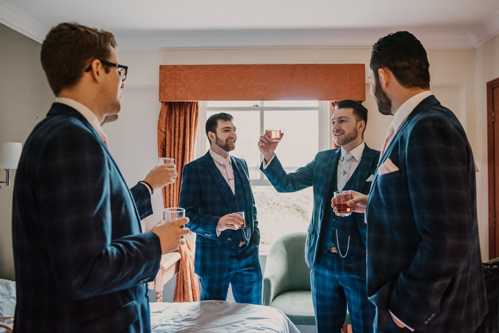 Groom Groomsmen Blue Check Suit Tie Morden Hall Wedding Mark OBrien
