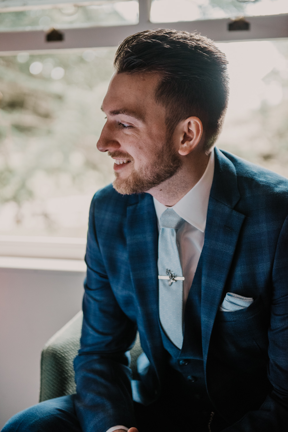 Groom Groomsmen Blue Check Suit Tie Morden Hall Wedding Mark OBrien